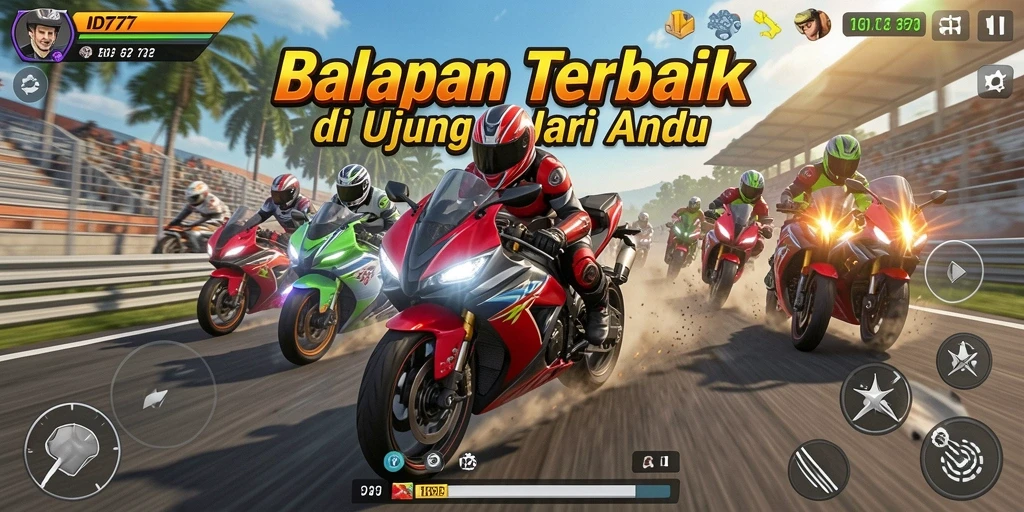 Tampilan gameplay seru di ID777 dengan balapan motor menegangkan.