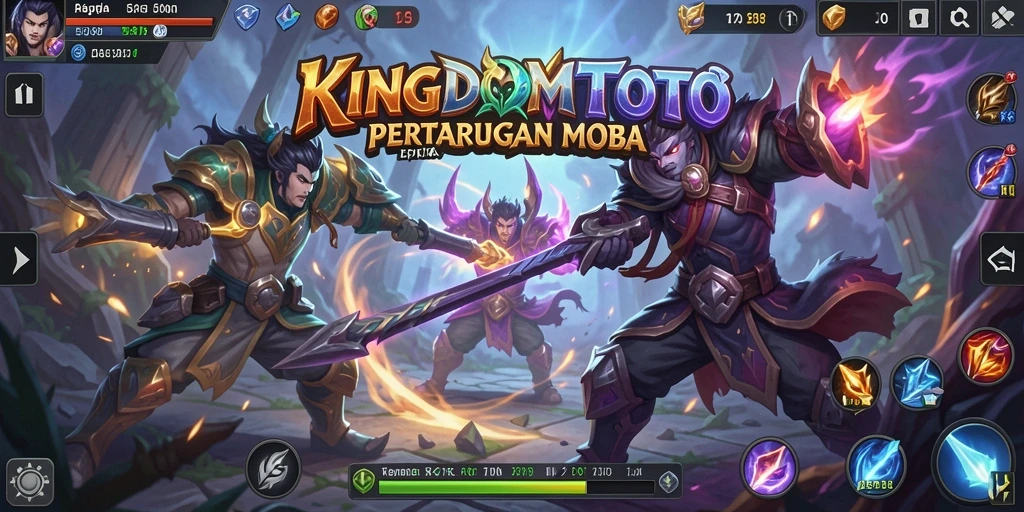 Screenshot KINGDOMTOTO menampilkan aksi pertarungan yang intens di arena MOBA.