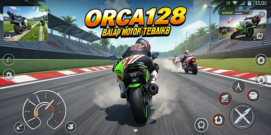 Tampilan gameplay ORCA128 yang penuh aksi saat balapan.