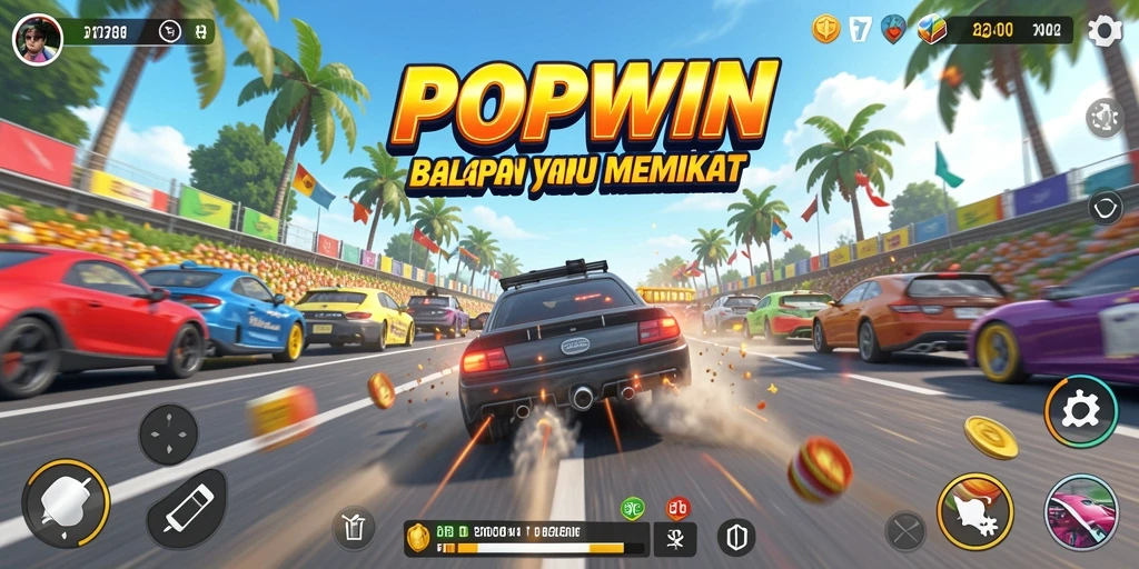 Screenshot dari gameplay POPWIN yang menampilkan aksi balapan seru.