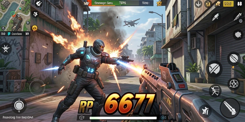 Screenshot utama RP6677 menampilkan aksi pertempuran intens dalam game TPS.