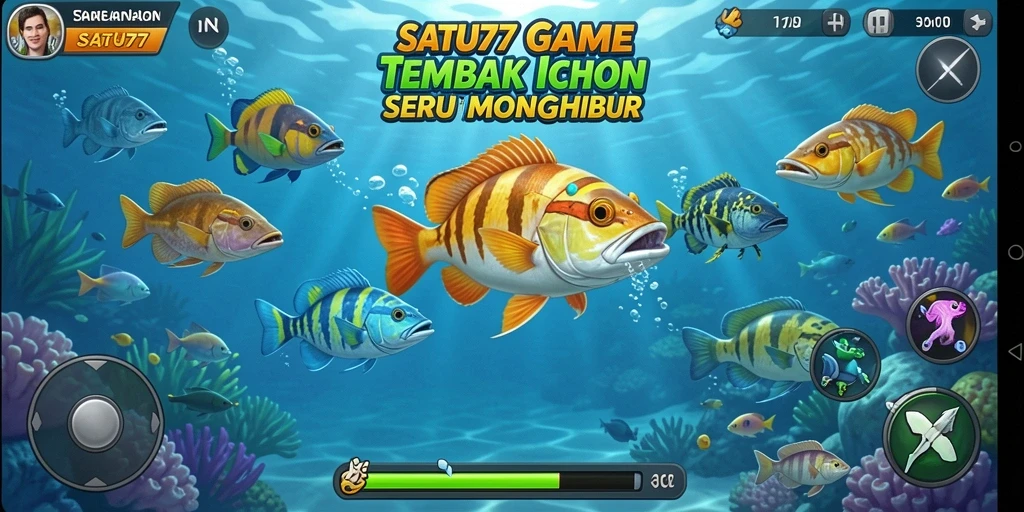 Tampilan gameplay Tembak Ikan yang mendebarkan dan penuh warna.